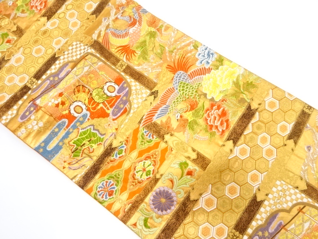 天井柄に鳳凰・古楽器模様織り出し袋帯